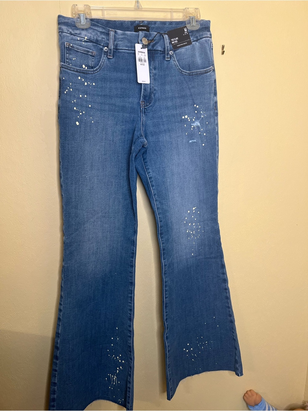 Express Medium Blue High-Rise Flare Jeans with White Paint Detail